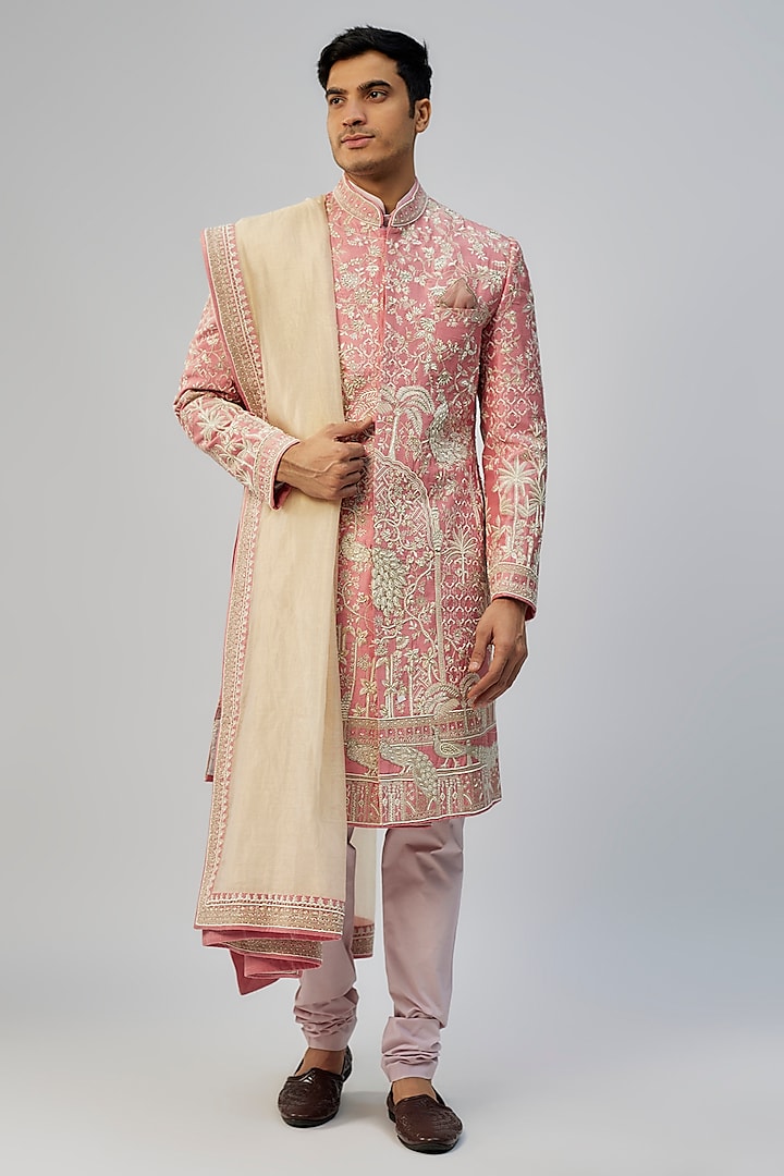 Pink Raw Silk Embroidered Sherwani Set by Anushree Reddy Men