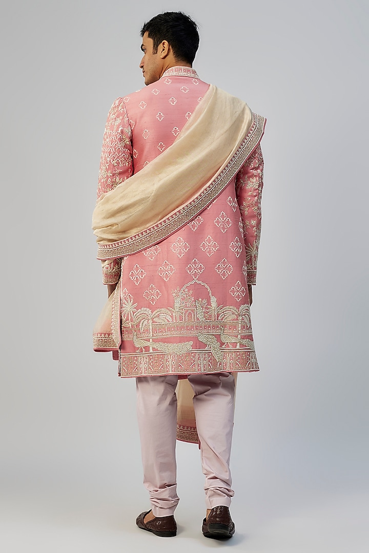 Pink Raw Silk Embroidered Groom Sherwani Set by Anushree Reddy Men at Pernia's Pop Up Shop