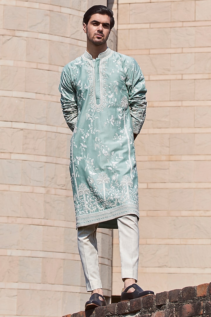 Mint Green Chanderi Kurta Set by Anushree Reddy Men