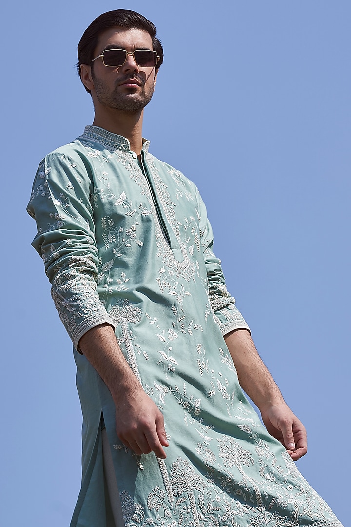 Mint Green Chanderi Kurta Set by Anushree Reddy Men at Pernia's Pop Up Shop