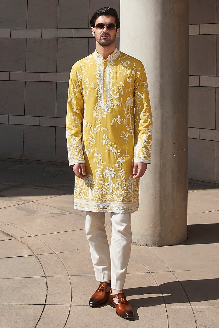 Yellow Cotton Kurta Set by Anushree Reddy Men