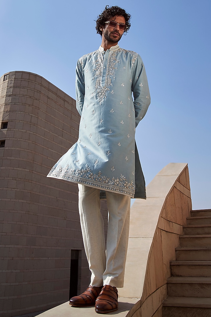 Powder Blue Chanderi Geometric Kurta Set by Anushree Reddy Men at Pernia's Pop Up Shop