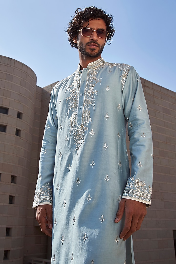 Powder Blue Chanderi Geometric Kurta Set by Anushree Reddy Men at Pernia's Pop Up Shop