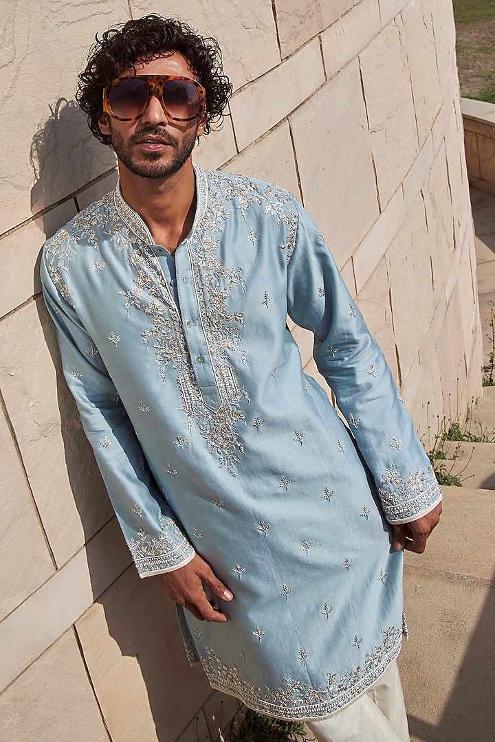 Powder Blue Chanderi Geometric Kurta Set by Anushree Reddy Men at Pernia's Pop Up Shop
