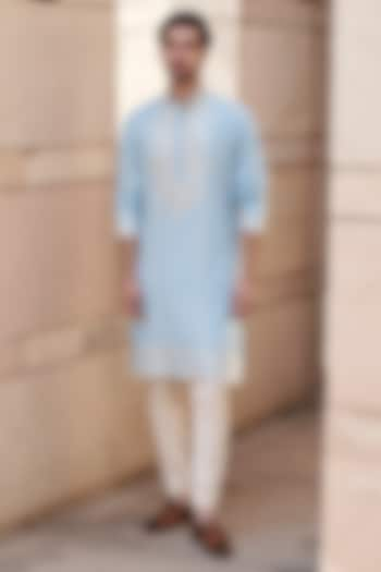 Aqua Blue Chanderi Jaal Embroidered Kurta Set by Anushree Reddy Men