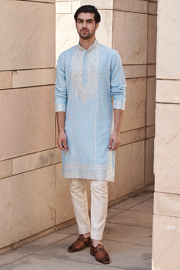 Aqua Blue Chanderi Jaal Embroidered Kurta Set by Anushree Reddy Men