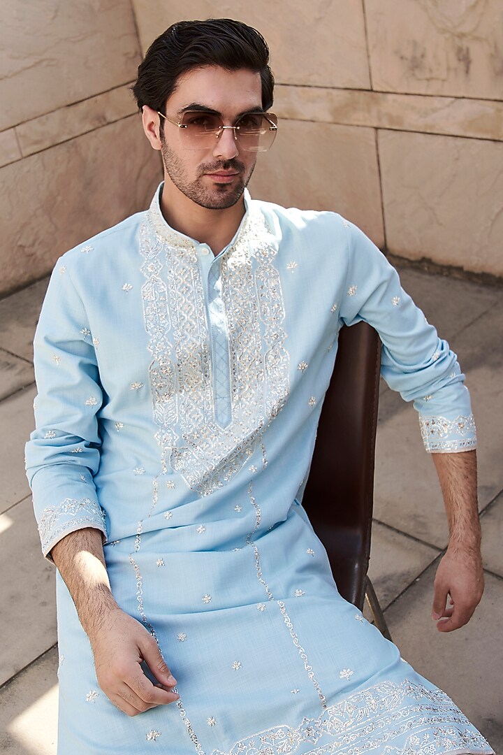 Aqua Blue Chanderi Jaal Embroidered Kurta Set by Anushree Reddy Men at Pernia's Pop Up Shop