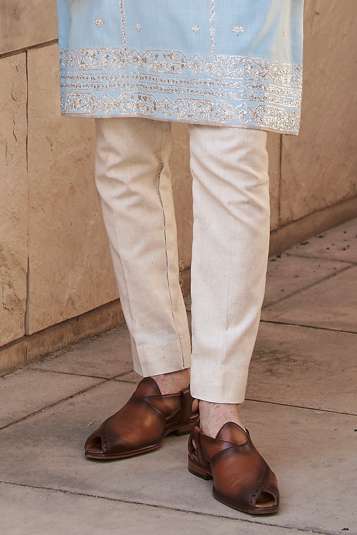 Aqua Blue Chanderi Jaal Embroidered Kurta Set by Anushree Reddy Men at Pernia's Pop Up Shop
