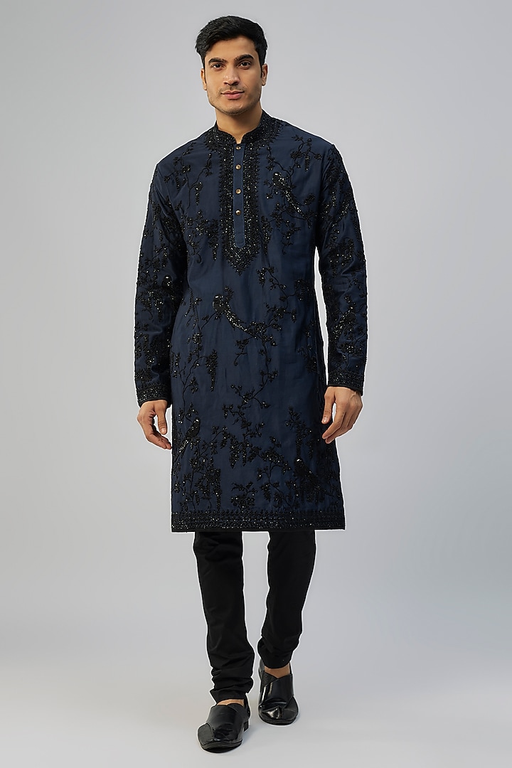 Navy Blue Chanderi Kurta Set by Anushree Reddy Men