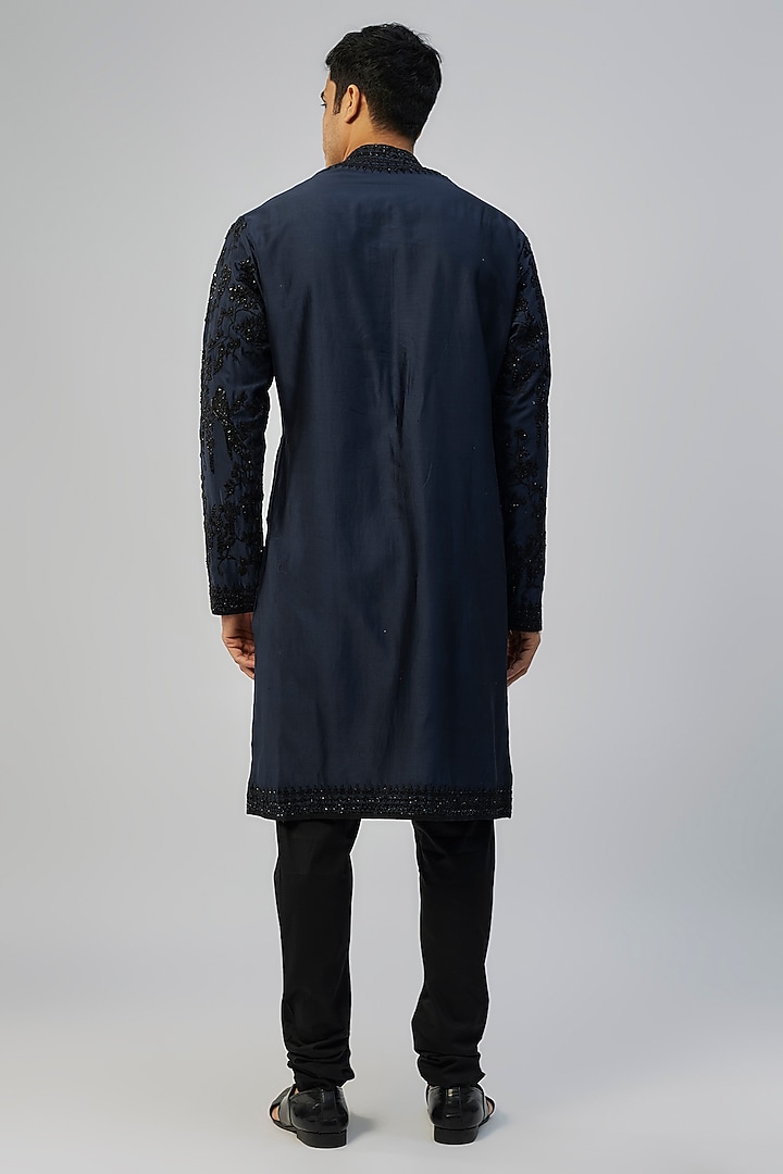 Navy Blue Chanderi Kurta Set by Anushree Reddy Men at Pernia's Pop Up Shop