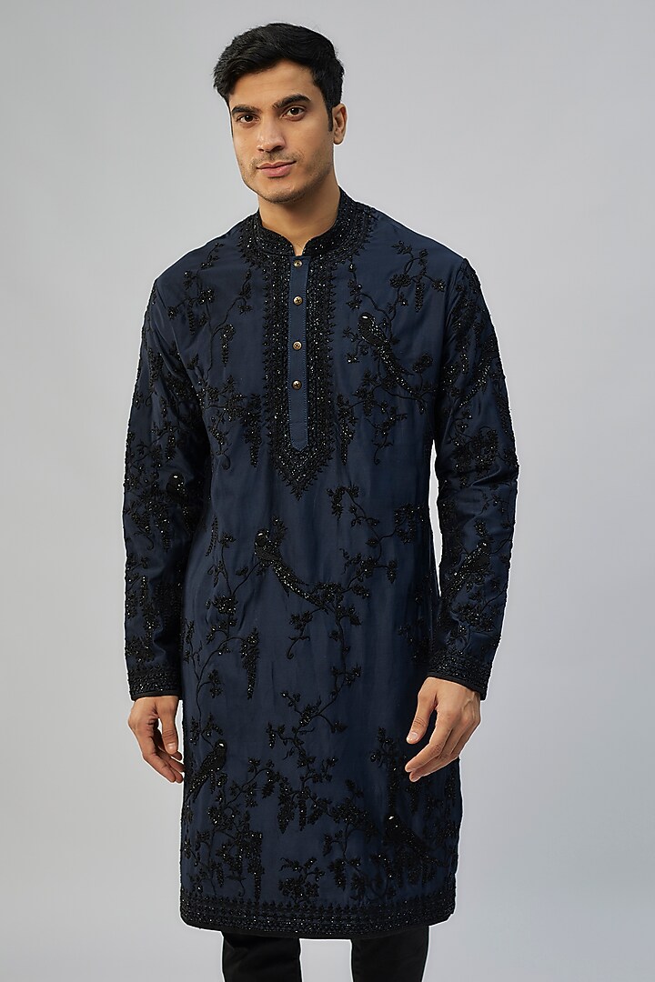 Navy Blue Chanderi Kurta Set by Anushree Reddy Men at Pernia's Pop Up Shop
