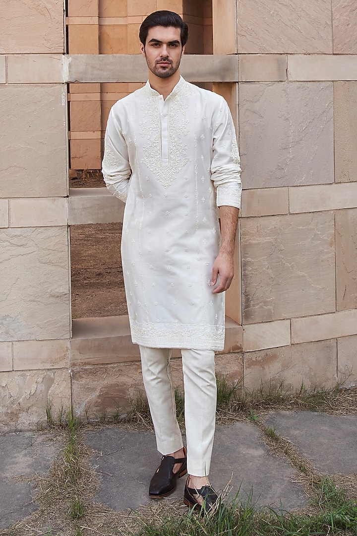 Ivory Chanderi Pearl Embroidered Kurta Set by Anushree Reddy Men