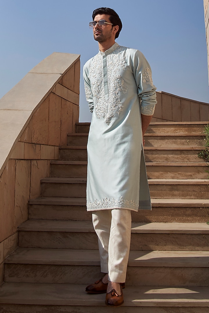 Pastel Aqua Blue Chanderi Kurta Set by Anushree Reddy Men