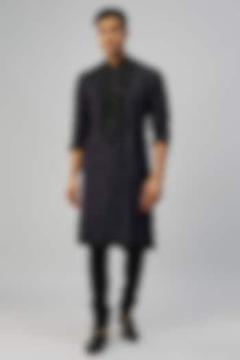 Navy Blue Chanderi Kurta Set by Anushree Reddy Men