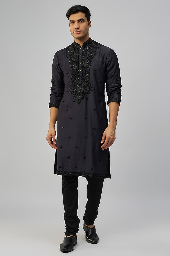 Navy Blue Chanderi Kurta Set by Anushree Reddy Men