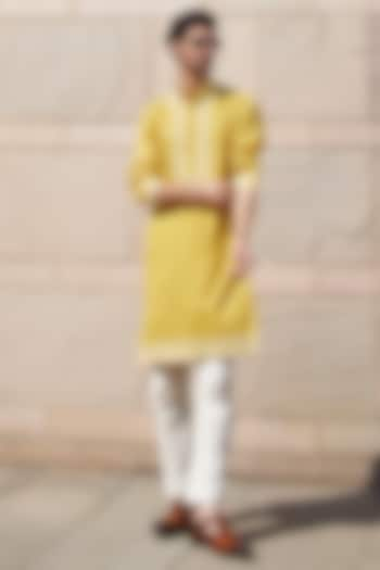 Yellow Chanderi Boota Kurta Set by Anushree Reddy Men