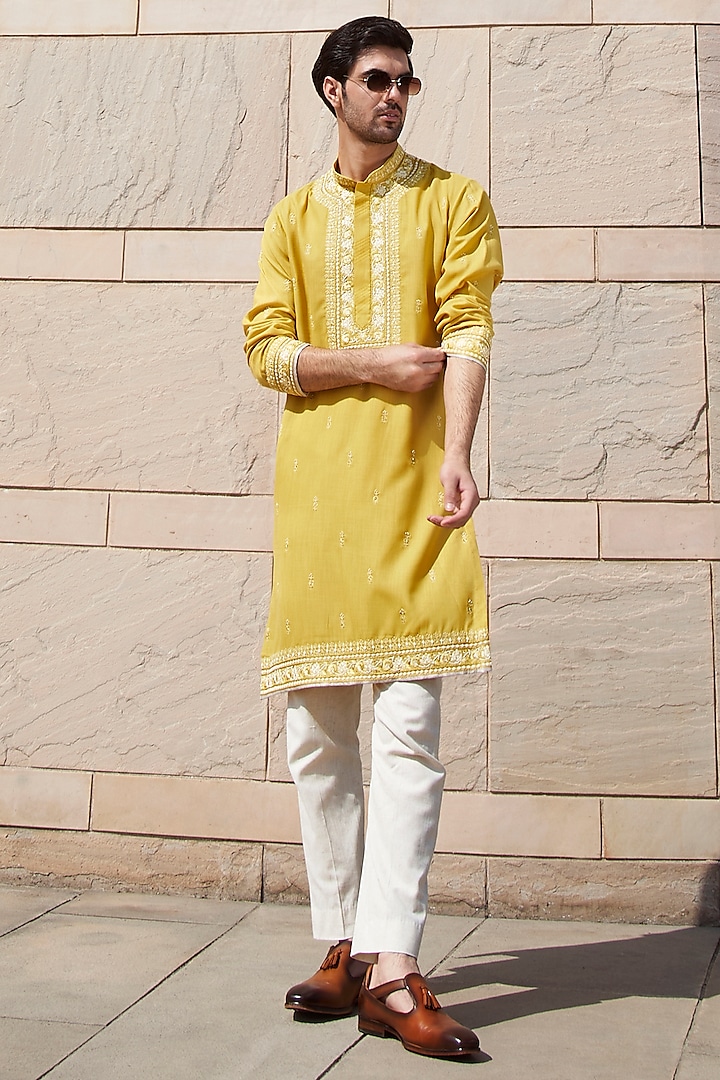 Yellow Chanderi Boota Kurta Set by Anushree Reddy Men