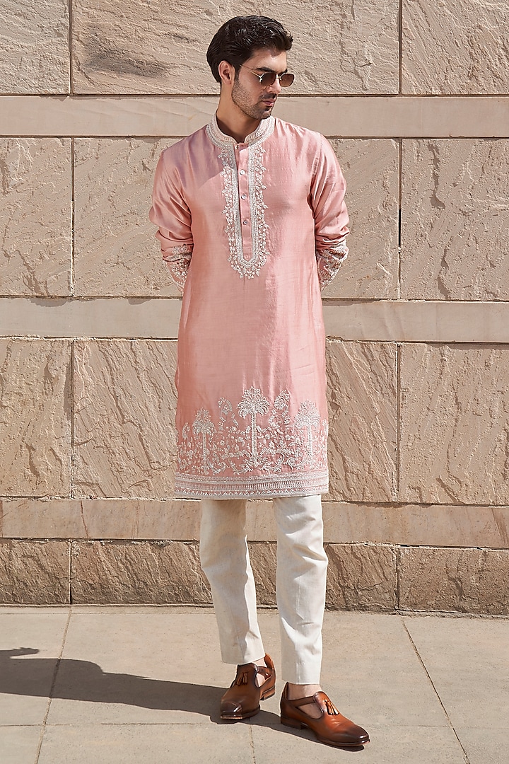 Dusty Rose Chanderi Embroidered Kurta Set by Anushree Reddy Men