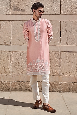 Dusty Rose Chanderi Embroidered Kurta Set by Anushree Reddy Men