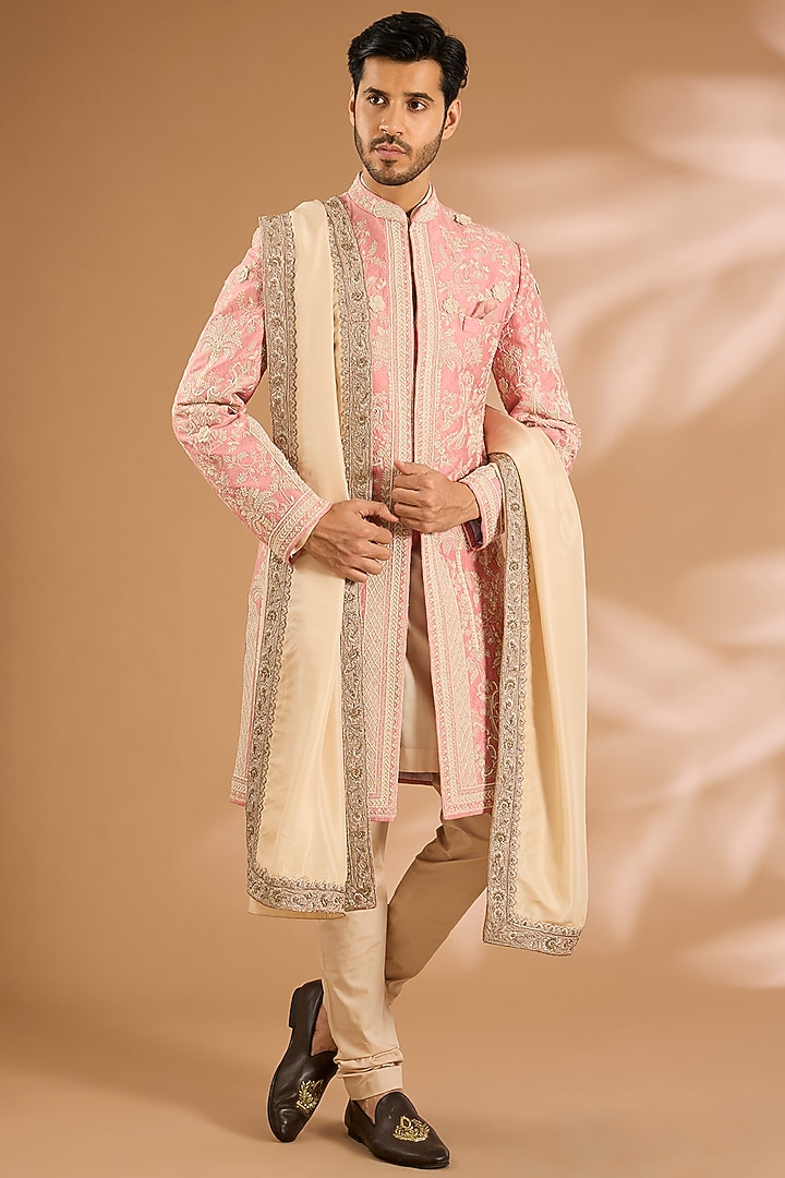 Dusty Rose Raw Silk Groom Sherwani Set by Anushree Reddy Men at Pernia's Pop Up Shop