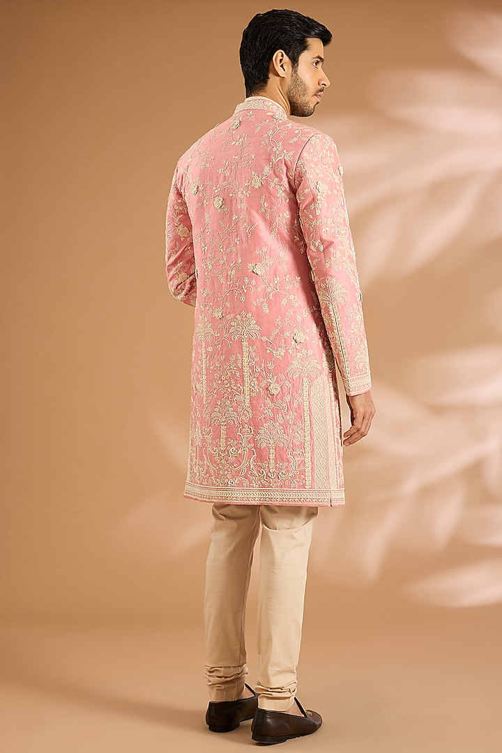 Dusty Rose Raw Silk Groom Sherwani Set by Anushree Reddy Men at Pernia's Pop Up Shop