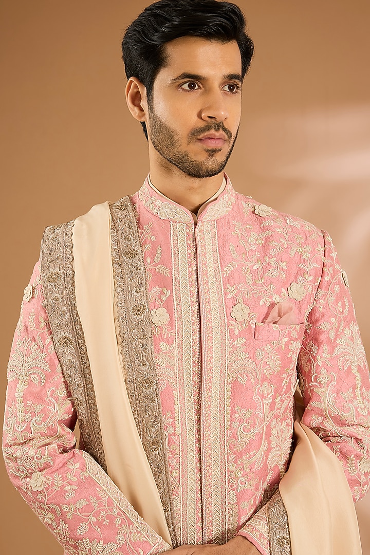 Dusty Rose Raw Silk Groom Sherwani Set by Anushree Reddy Men at Pernia's Pop Up Shop