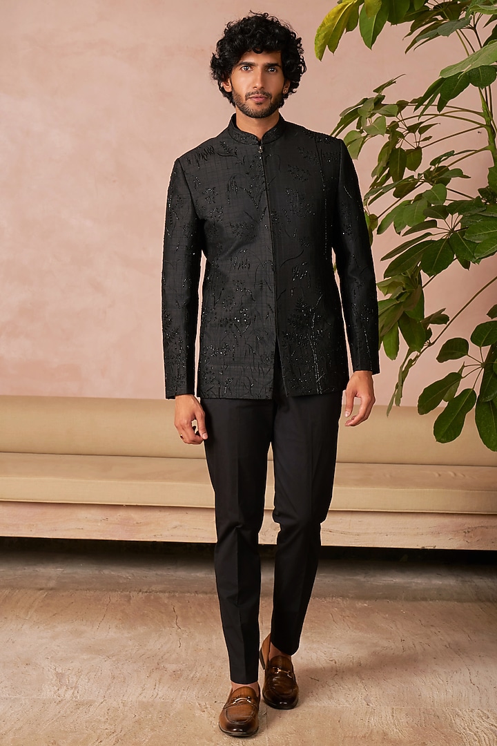 Black Raw Silk Groom Bandhgala Set by Anushree Reddy Men at Pernia's Pop Up Shop