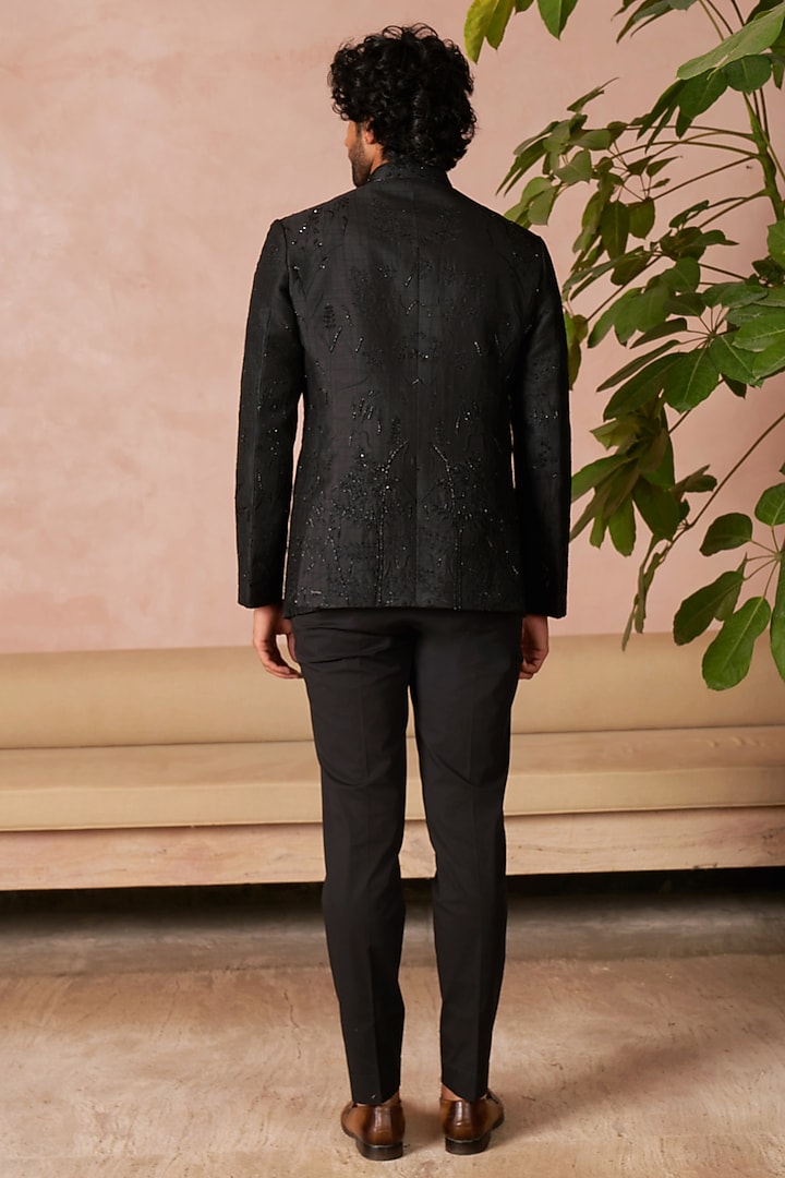 Black Raw Silk Groom Bandhgala Set by Anushree Reddy Men at Pernia's Pop Up Shop