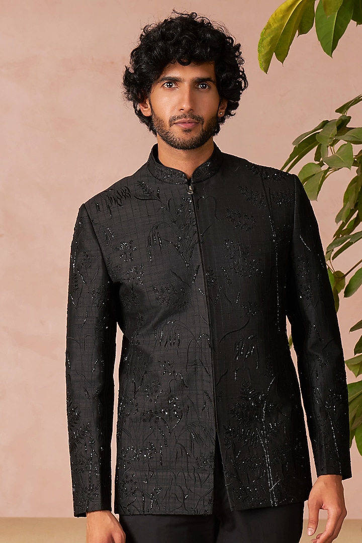 Black Raw Silk Groom Bandhgala Set by Anushree Reddy Men at Pernia's Pop Up Shop