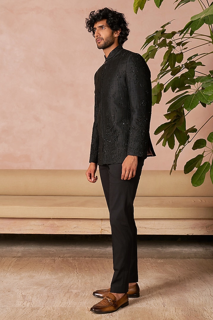 Black Raw Silk Groom Bandhgala Set by Anushree Reddy Men at Pernia's Pop Up Shop
