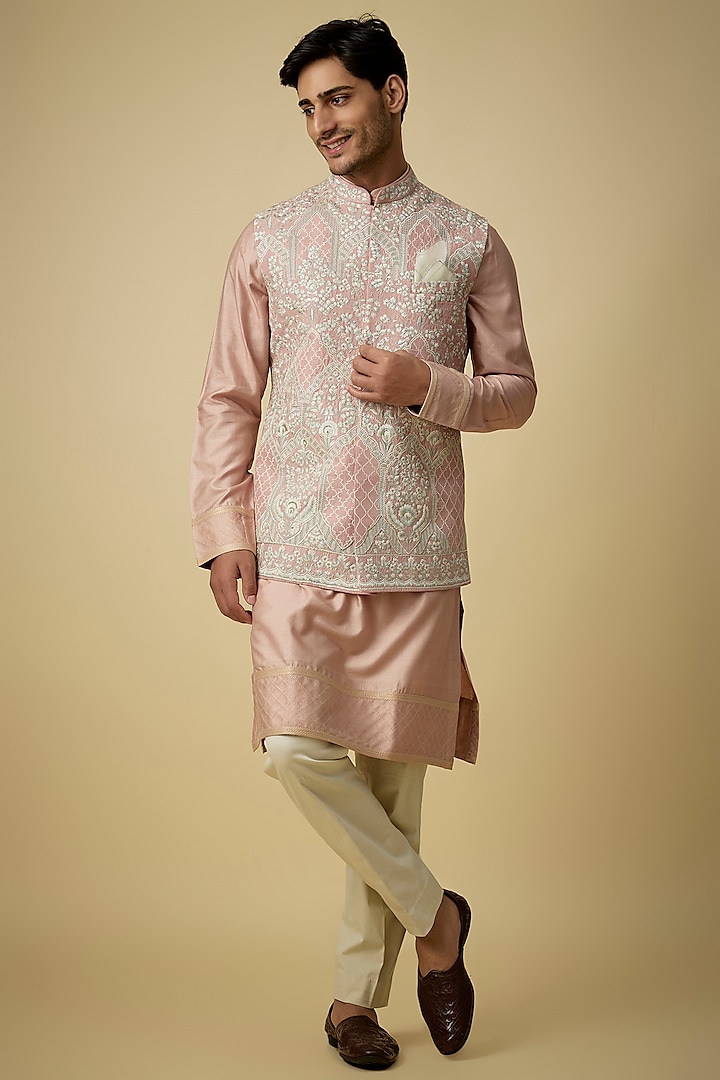 Dusty Rose Silk & Tissue Silk Bundi Jacket Set by Anushree Reddy Men at Pernia's Pop Up Shop