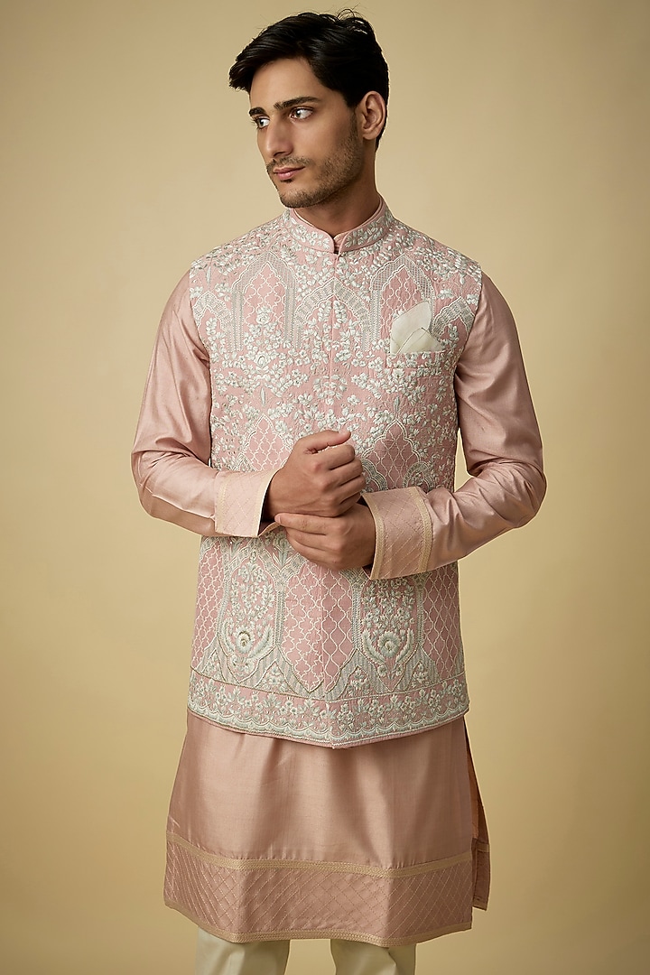 Dusty Rose Silk & Tissue Silk Bundi Jacket Set by Anushree Reddy Men at Pernia's Pop Up Shop