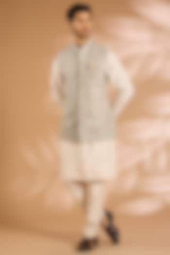 Ash Grey Raw Silk Nehru Jacket Set by Anushree Reddy Men at Pernia's Pop Up Shop