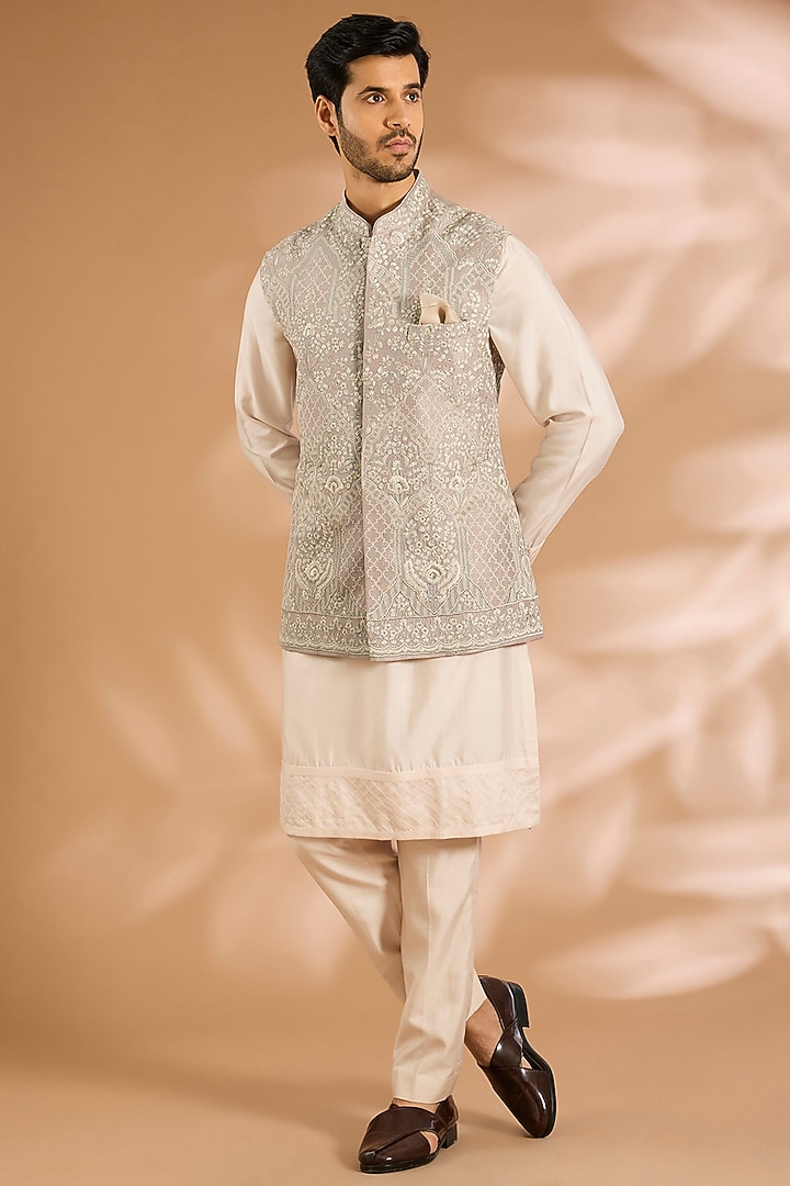 Ash Grey Raw Silk Nehru Jacket Set by Anushree Reddy Men at Pernia's Pop Up Shop