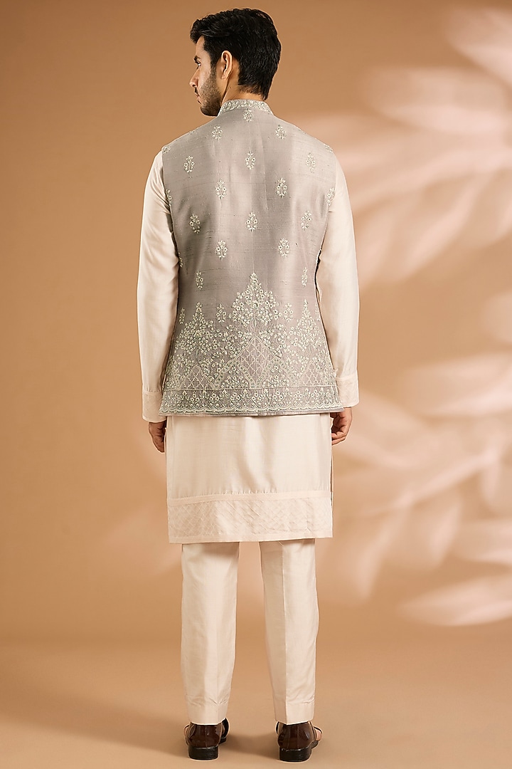 Ash Grey Raw Silk Nehru Jacket Set by Anushree Reddy Men at Pernia's Pop Up Shop