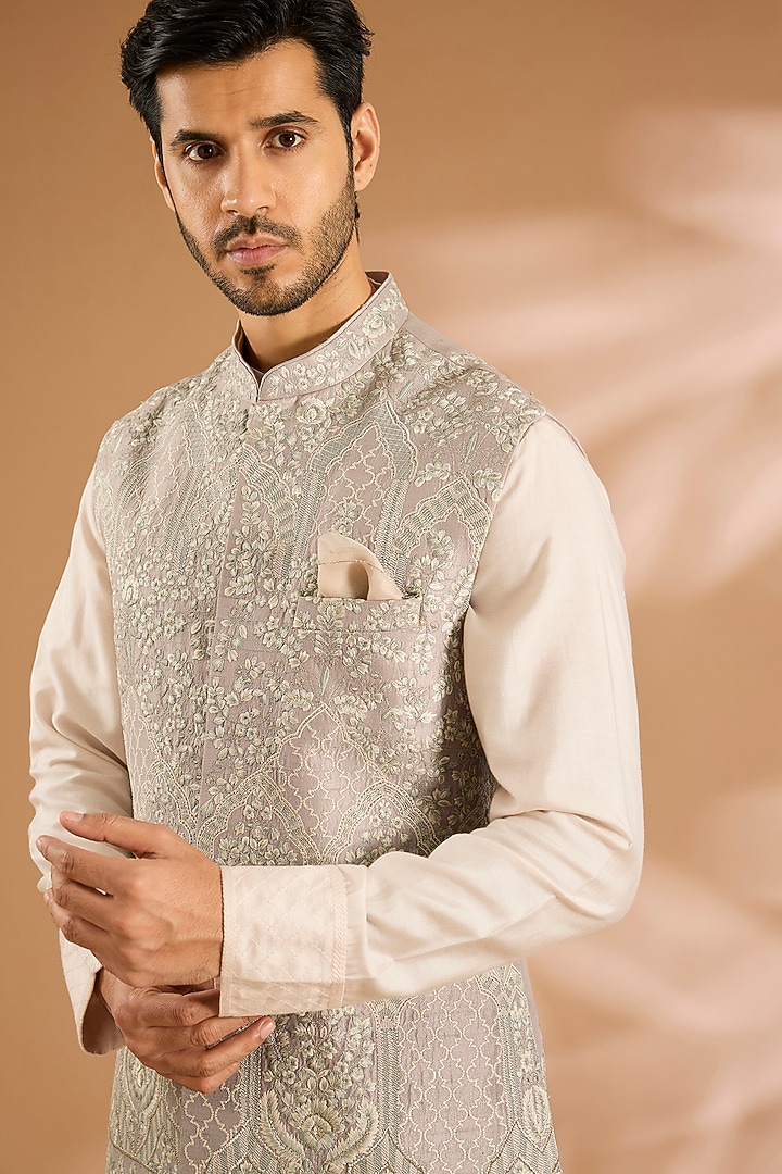 Ash Grey Raw Silk Nehru Jacket Set by Anushree Reddy Men at Pernia's Pop Up Shop