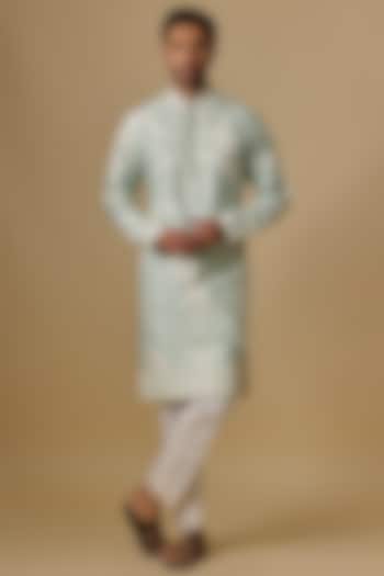 Sage Green Chanderi Floral Kurta Set by Anushree Reddy Men
