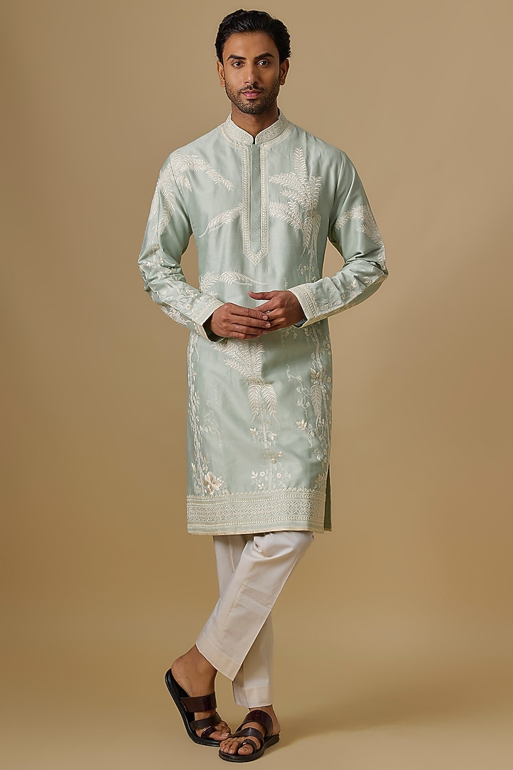 Sage Green Chanderi Floral Kurta Set by Anushree Reddy Men