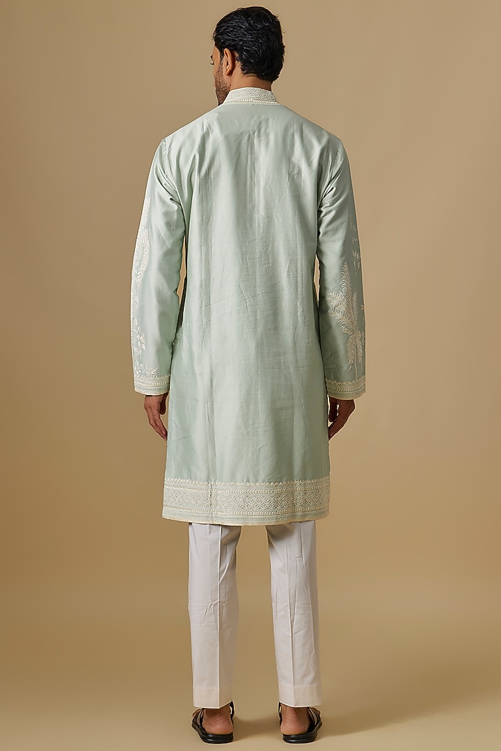 Sage Green Chanderi Floral Kurta Set by Anushree Reddy Men at Pernia's Pop Up Shop