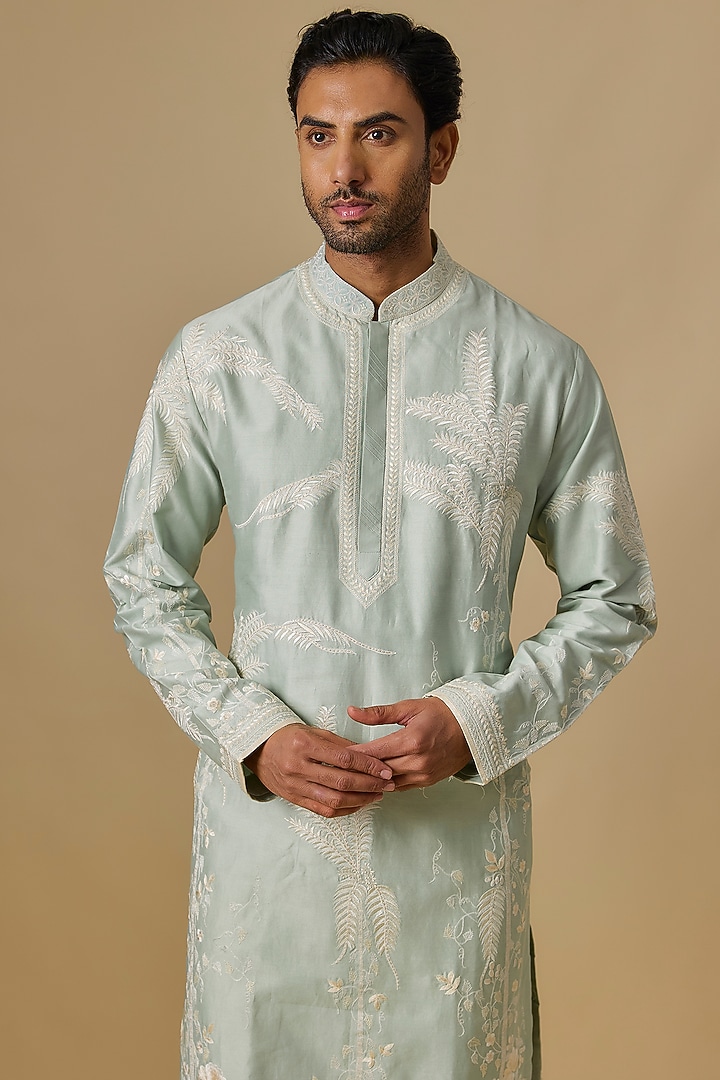 Sage Green Chanderi Floral Kurta Set by Anushree Reddy Men at Pernia's Pop Up Shop
