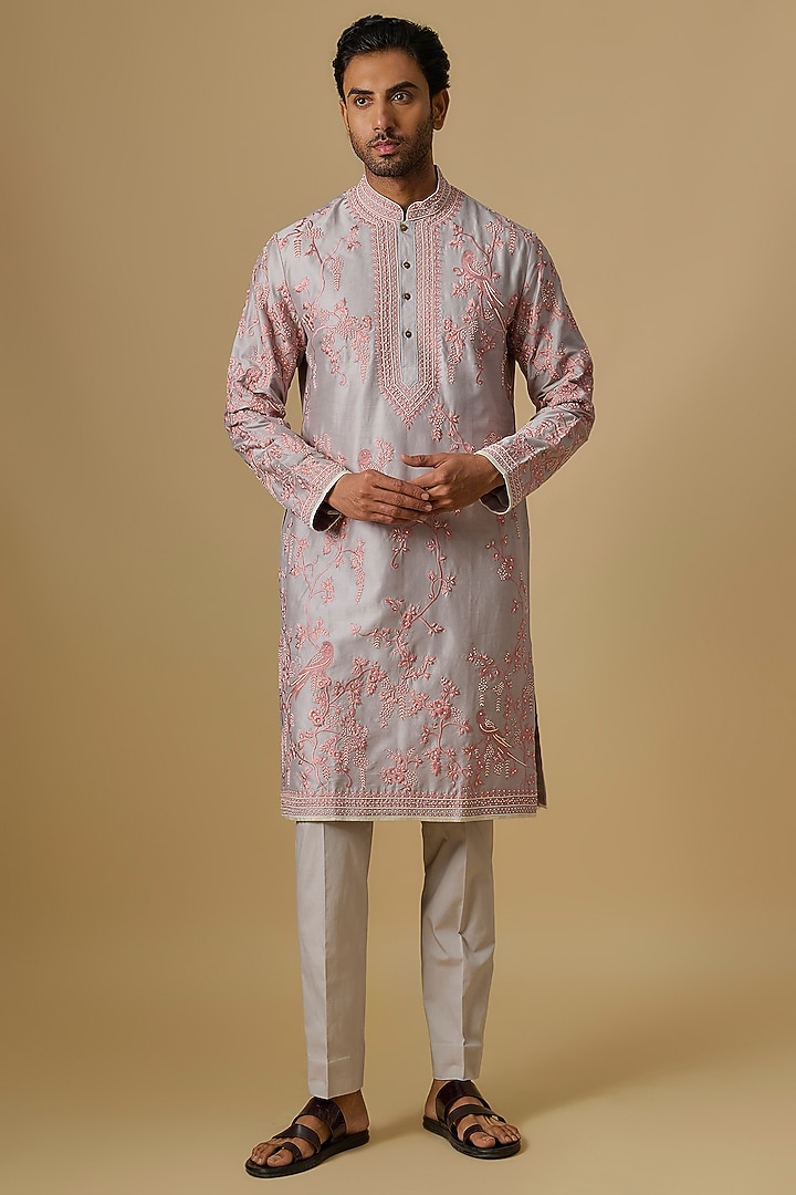 Ash Grey Cotton Twill Kurta Set by Anushree Reddy Men