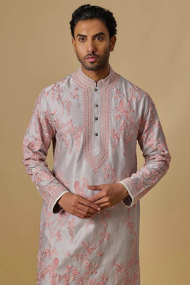 Ash Grey Cotton Twill Kurta Set by Anushree Reddy Men at Pernia's Pop Up Shop