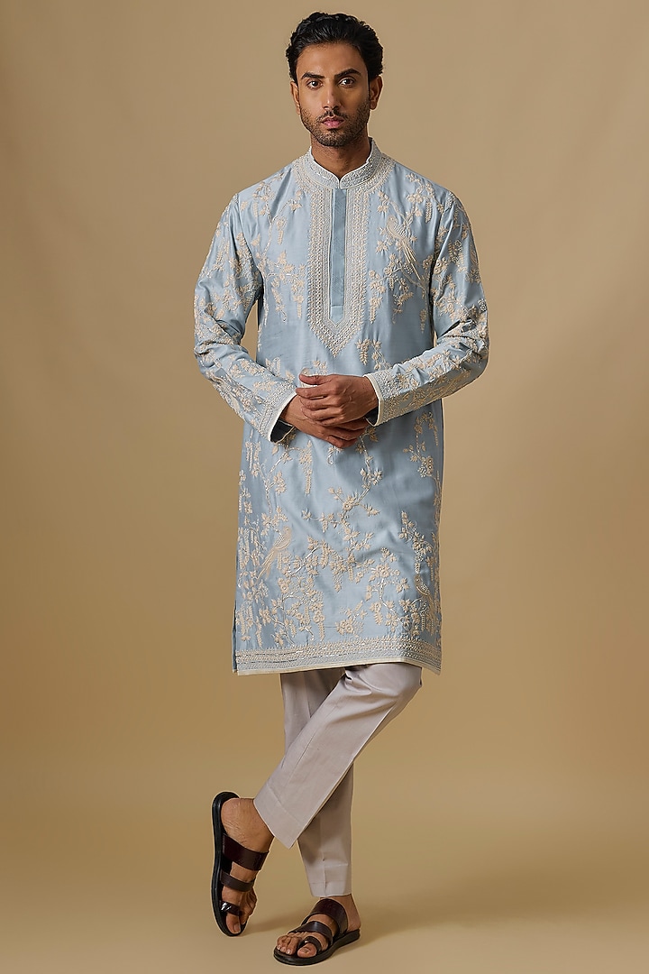 Powder Blue Chanderi Kurta Set by Anushree Reddy Men