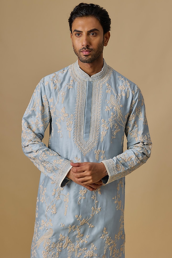 Powder Blue Chanderi Kurta Set by Anushree Reddy Men at Pernia's Pop Up Shop