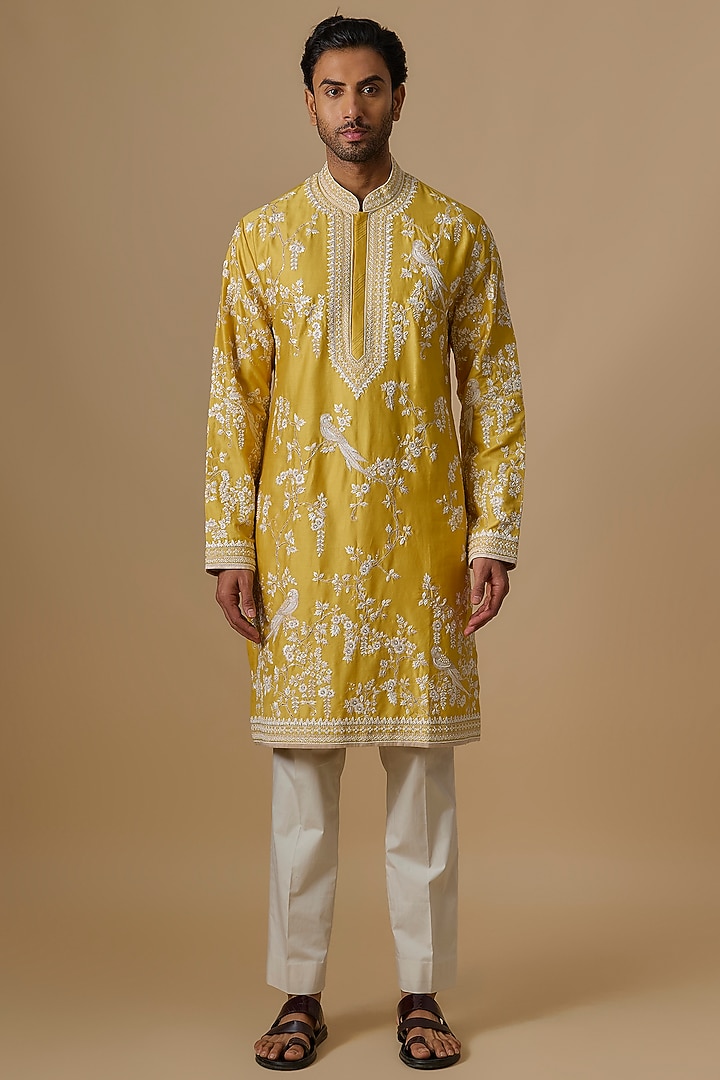 Yellow Chanderi Kurta Set by Anushree Reddy Men