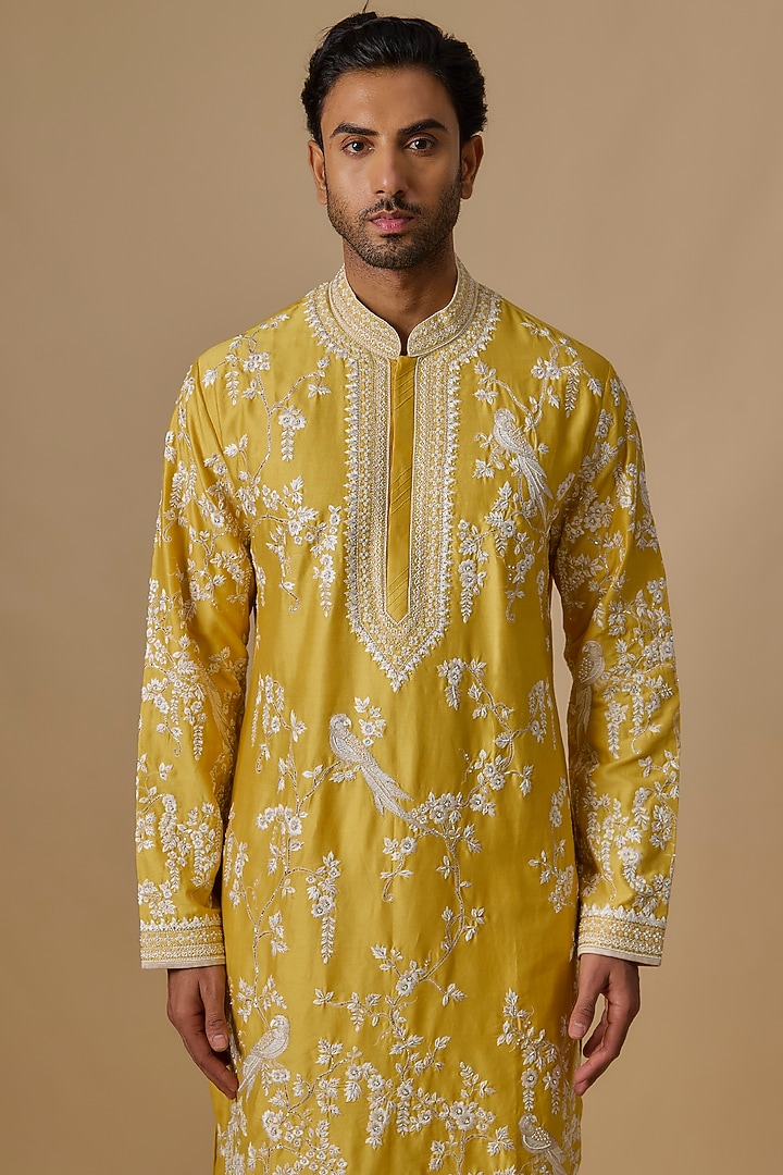 Yellow Chanderi Kurta Set by Anushree Reddy Men at Pernia's Pop Up Shop