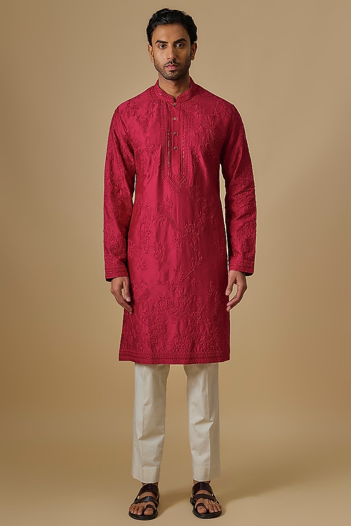 Red Cotton Kurta Set by Anushree Reddy Men
