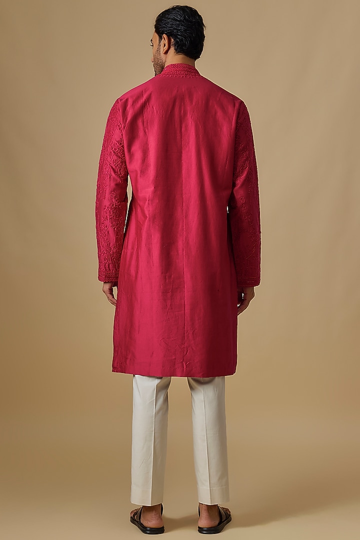 Red Chanderi Silk Kurta Set by Anushree Reddy Men at Pernia's Pop Up Shop
