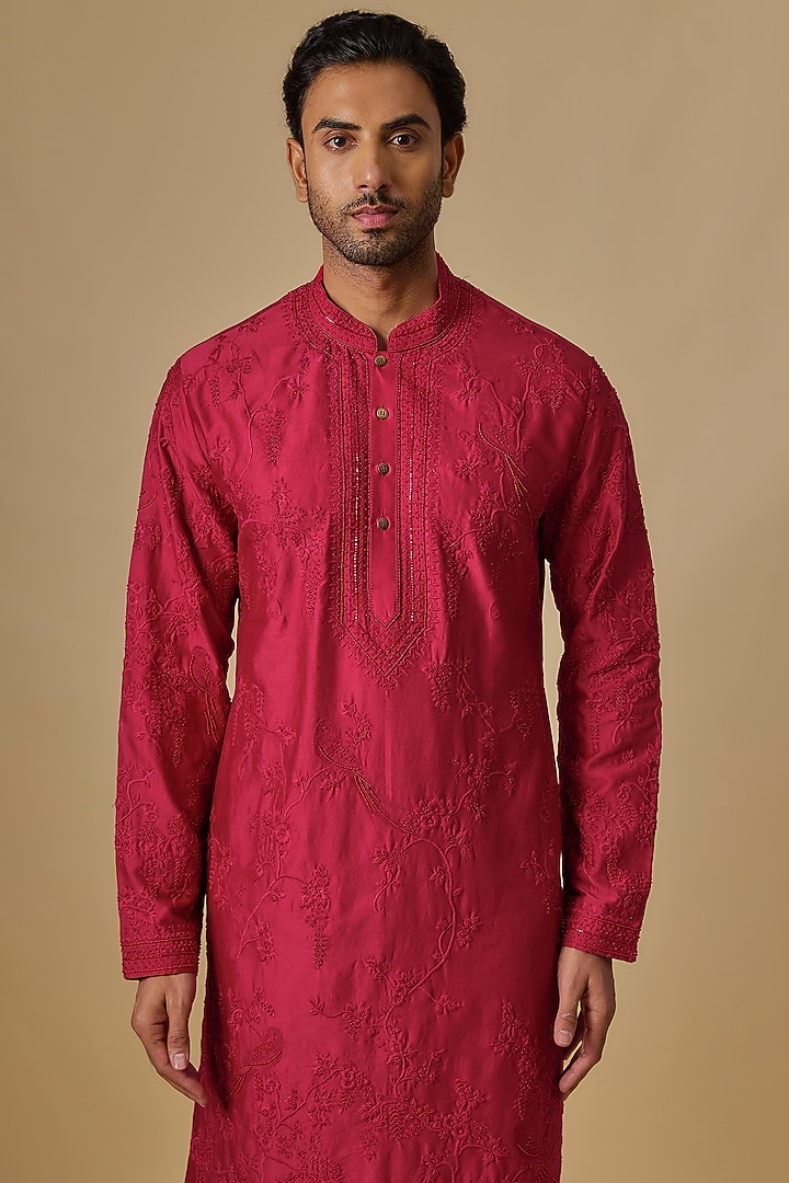 Red Chanderi Silk Kurta Set by Anushree Reddy Men at Pernia's Pop Up Shop