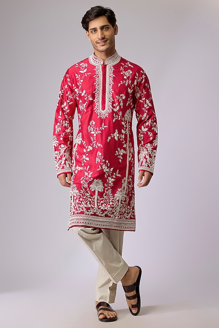 Red Chanderi Kurta Set by Anushree Reddy Men at Pernia's Pop Up Shop
